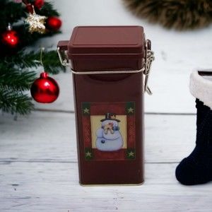 7" Holiday Christmas Snowman Hugging Bear Hinged Tin Seasonal Red Vintage